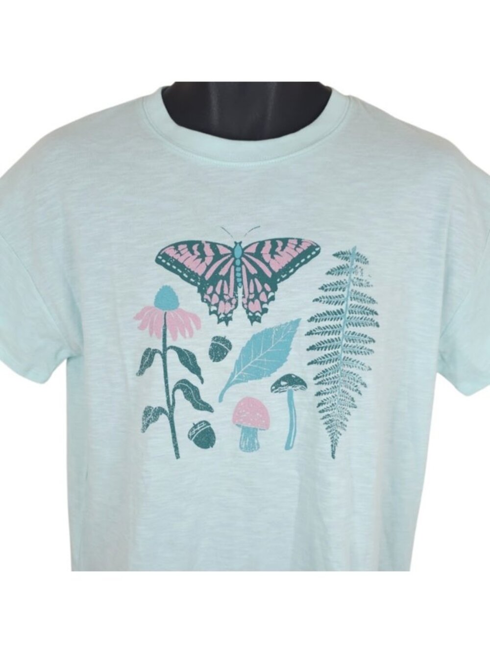 Butterfly Mushrooms T Shirt Womens Size XL Blue Nature Tee